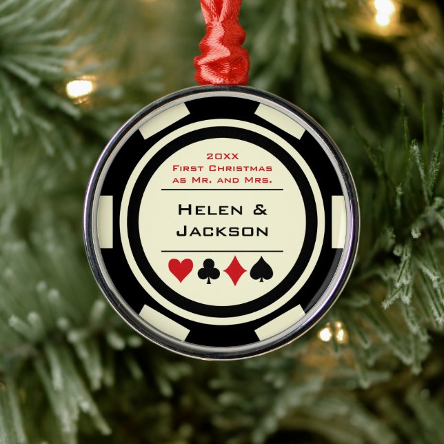 Ornamento De Metal Poker Chip Primeiro Natal Sr. e Sra. Black Ivory (Árvore)