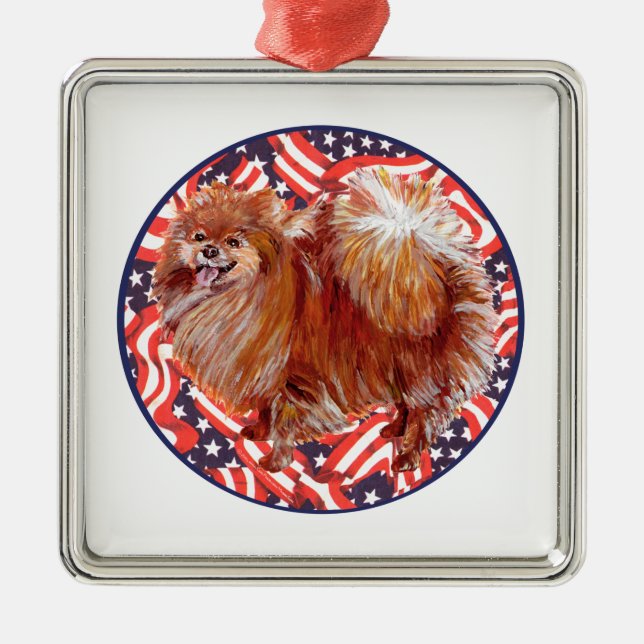 Ornamento De Metal Pomerânia Vermelho Branco e Azul (Frente)