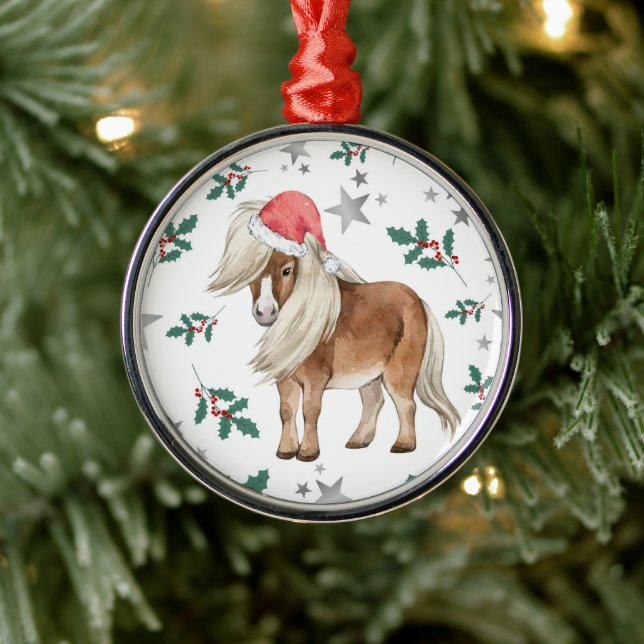 Ornamento De Metal Pony in a Santa Hat Christmas Ornament Keepsake (Árvore)