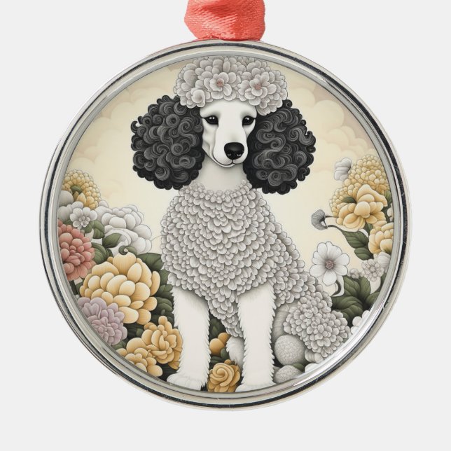 Ornamento De Metal Poodle in Whimsical Flowers (Frente)