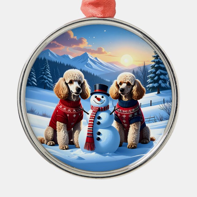 Ornamento De Metal Poodles e Snowman no Natal (Frente)
