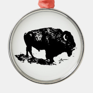 Ornamento De Metal Pop Art Black White Buffalo Bison Silhouette