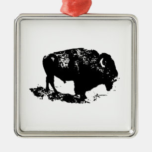 Ornamento De Metal Pop Art Black White Buffalo Bison Silhouette