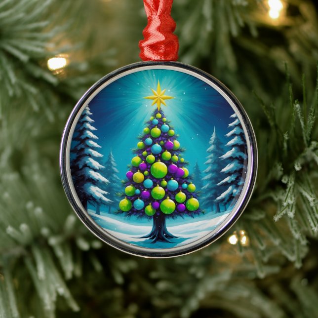 Ornamento De Metal Pop Art Natal com Neon Verde Azul Roxo (Árvore)
