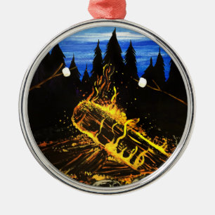 Ornamento De Metal Pôr do Sol Aconchegante na Floresta com Fogueira A