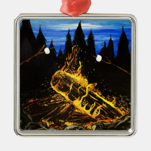 Ornamento De Metal Pôr do Sol Aconchegante na Floresta com Fogueira A