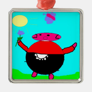 Ornamento De Metal porco com flor e borboleta ao sol, arte por crianç