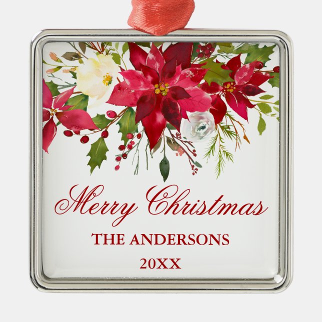 Ornamento De Metal Praça Floral de Poinsettia Vermelha de Aquarela (Frente)