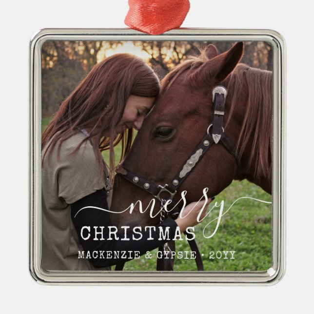 Ornamento De Metal Praça Personalizada de Cavalo de Natal Datado (Frente)