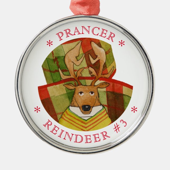 Ornamento De Metal PRANCER REINDEER Prêmio Redondo (Frente)