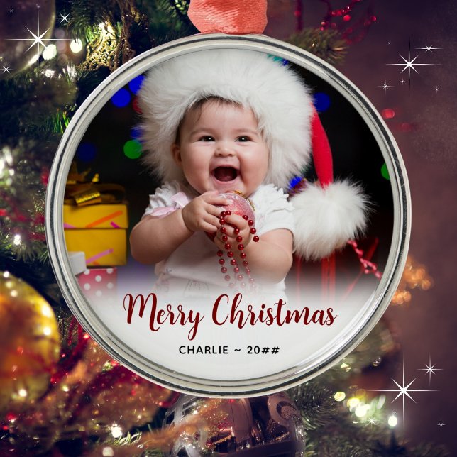 Ornamento De Metal Presente de Natal com Foto e Texto do Bebê (Customize with a name and year. Merry Christmas!)