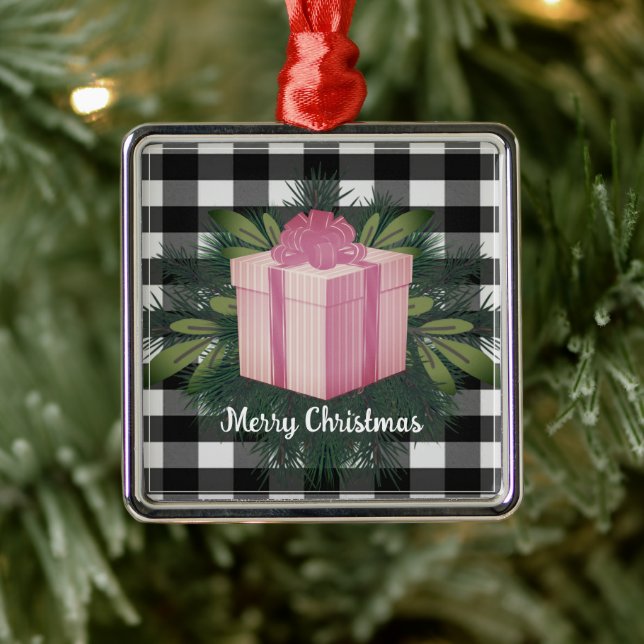 Ornamento De Metal Presente de Natal na Xadrez de Buffalo | Rosa (Árvore)
