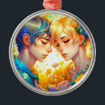 Ornamento De Metal Presente Romântico de Casal | Menino e Menina de A<br><div class="desc">Christmas ornament. Garoto anime garota abraçando a arte ai. Anime anime tenha um dom romântico.</div>