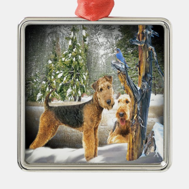 Ornamento De Metal Presentes do Dia de Inverno de Airedale Terrier (Frente)