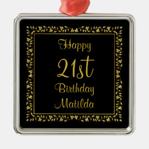 Ornamento De Metal Preto e aniversário de 21 anos floral Dourado