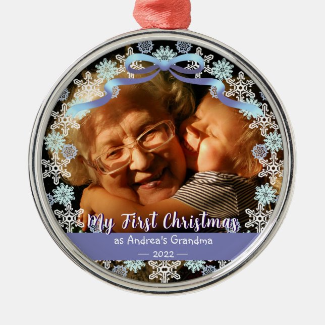 Ornamento De Metal Primeira avó do Natal Flocos de Neve Moles Azul Ro (Frente)