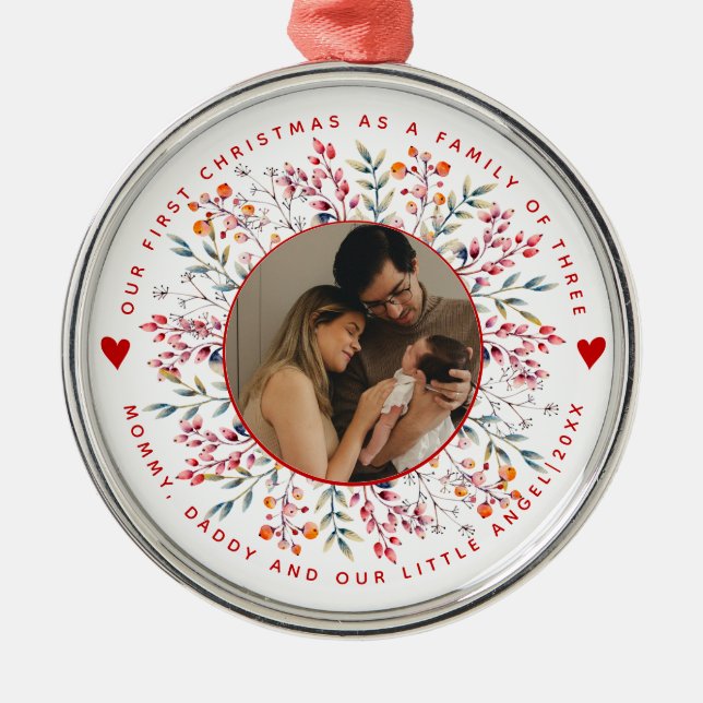 Ornamento De Metal Primeira família natalícia de três fotos de borda  (Frente)