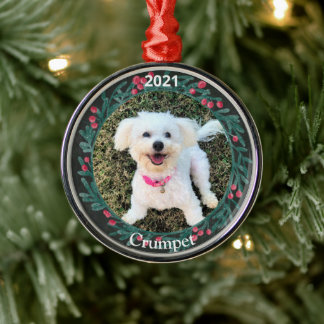 Ornamento De Metal Primeira Foto de Natal personalizada de Puppy