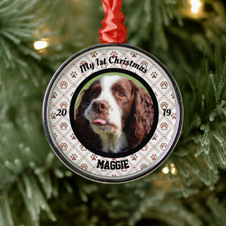 Ornamento De Metal Primeira Foto de Natal personalizada de Puppy