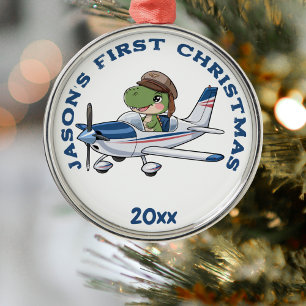 Ornamento De Metal Primeiro Avião de Natal e Piloto de Dinossauro Per