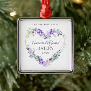Ornamento De Metal Primeiro Casal de Natal com Flores de Lavanda
