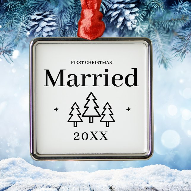 Ornamento De Metal Primeiro Casamento de Guarda Casada de Natal Premi (Premium First Christmas Married Keepsake Wedding Metal Ornament)