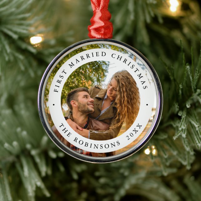 Ornamento De Metal Primeiro Natal Casado com Foto Personalizada (Árvore)