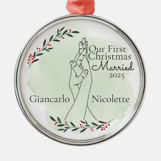 Ornamento De Metal Primeiro Natal Casado com Mãos Interligadas (Frente)