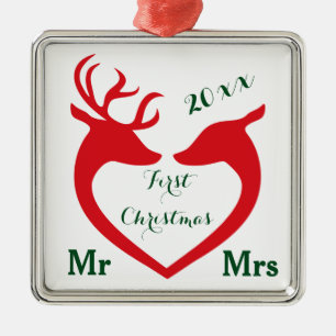 Ornamento De Metal Primeiro Natal Casado com Sr. e Sra. Heart Deer