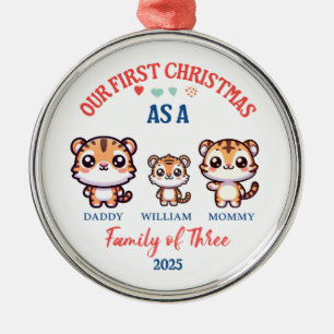 Ornamento De Metal Primeiro Natal Como Família de Três Tigres Bonitos