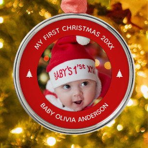 Ornamento De Metal Primeiro Natal da Bebê Vermelho Personalizado Enfe
