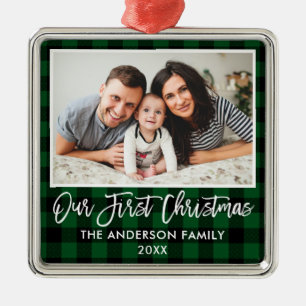 Ornamento De Metal Primeiro Natal da Família de Xadrezes Verde com E