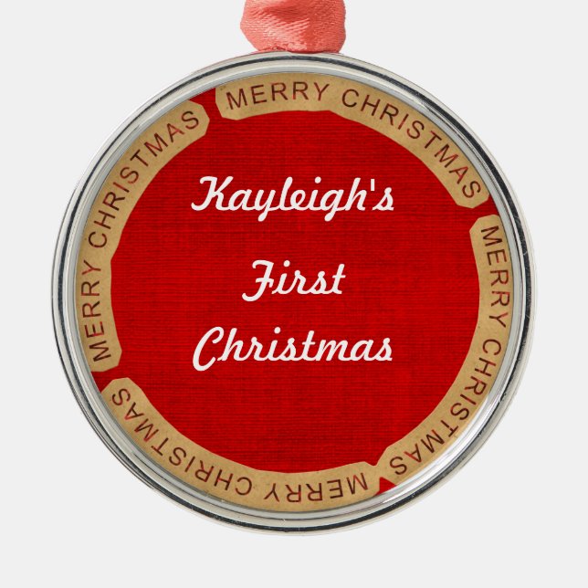Ornamento De Metal Primeiro Natal de bebê personalizado (Frente)