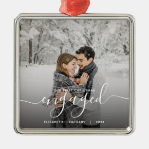 Ornamento De Metal Primeiro Natal de Noivado Foto Personalizada Branc