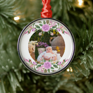 Ornamento De Metal Primeiro natal do bebê com moldura floral