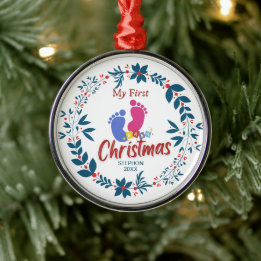 Ornamento De Metal Primeiro Natal do Elegant Baby com Nome