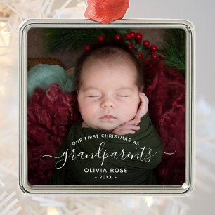 Ornamento De Metal Primeiro Natal dos Avós Foto com Letra Branca