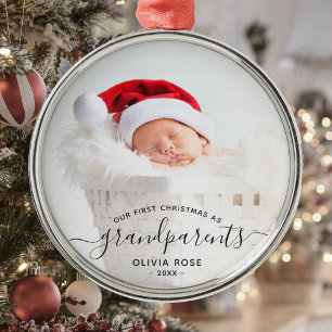 Ornamento De Metal Primeiro Natal dos Avós Foto com Letra Preta