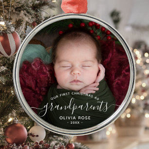 Ornamento De Metal Primeiro Natal dos Avós Foto Script Branco