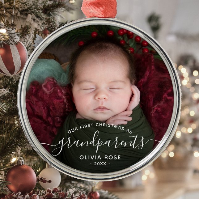 Ornamento De Metal Primeiro Natal dos Avós Foto Script Branco (Criador carregado)