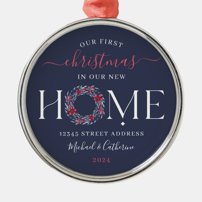 Ornamento De Metal Primeiro Natal, Nova Terra do Marinho Elegante (Frente)