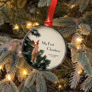 Ornamento De Metal Primeiro Natal – Rena Cantando Canções de Natal em