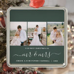 Ornamento De Metal Primeiro Natal, Sr. e Sra. 3 Foto-Script Green<br><div class="desc">Comemore o seu primeiro Natal como recém-casados com este belo ornamento moderno do keepsasasaame. O texto branco lê "Nosso primeiro Natal como", com as palavras "mr & mrs" em um roteiro elegante de manuscrito com florescimento antes e depois. Substitua as três imagens de exemplo por suas fotos verticais favoritas e...</div>