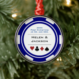 Ornamento De Metal Primeiro Natal Sr. e Sra. Blue White Poker Chip