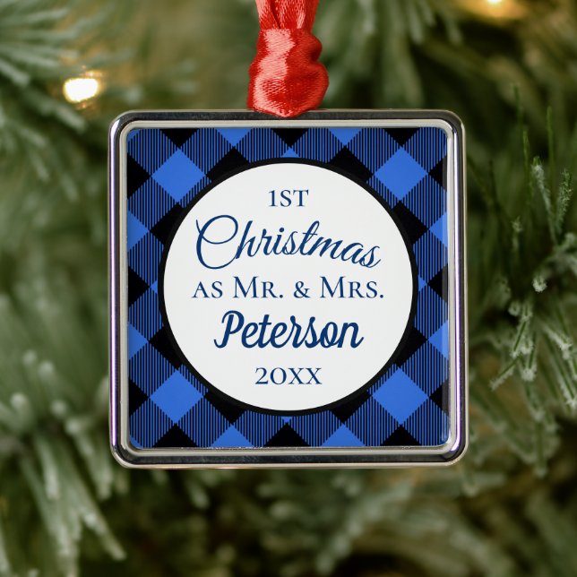 Ornamento De Metal Primeiro Natal Sr. e Sra. Buffalo Blue Xadrez (Árvore)