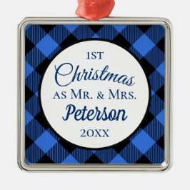 Ornamento De Metal Primeiro Natal Sr. e Sra. Buffalo Blue Xadrez