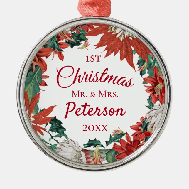 Ornamento De Metal Primeiro Natal Sr. e Sra. Flower Wreath (Frente)