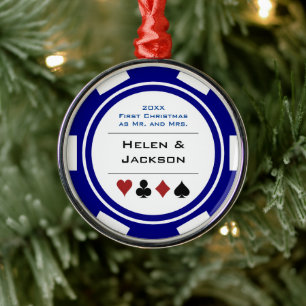 Ornamento De Metal Primeiro Natal, Sr. & Sra. Blue White Poker Chip