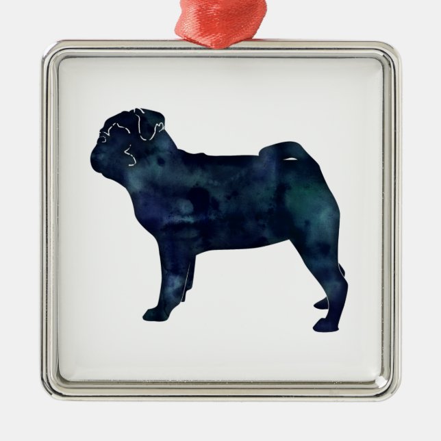 Ornamento De Metal Pug black watercolor silhouhum (Frente)