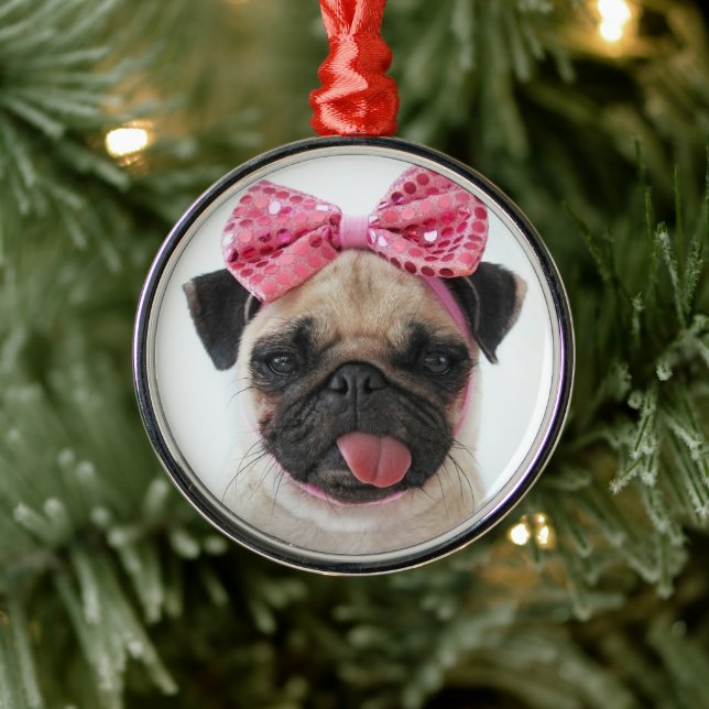 Ornamento De Metal Pug com Arco rosa (Árvore)